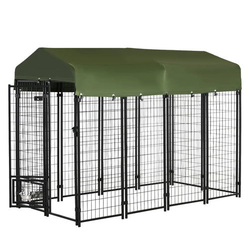 Outdoor Dog Kennel, Lockable Pet Playpen, Welded Steel Fence, Rotating Bowl, Green