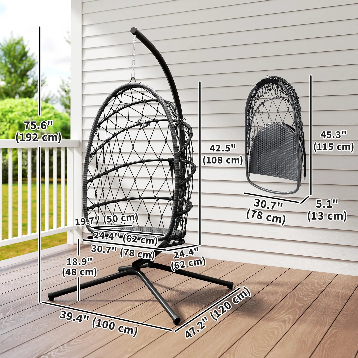 Hanging Egg Chair, Foldable Wicker Rattan Swing, Grey Patio Swings with Stand at Gallery Canada