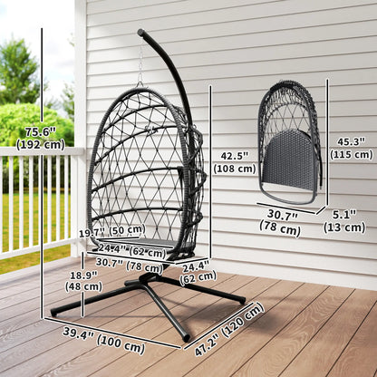 Hanging Egg Chair, Foldable Wicker Rattan Swing, Grey Patio Swings with Stand at Gallery Canada