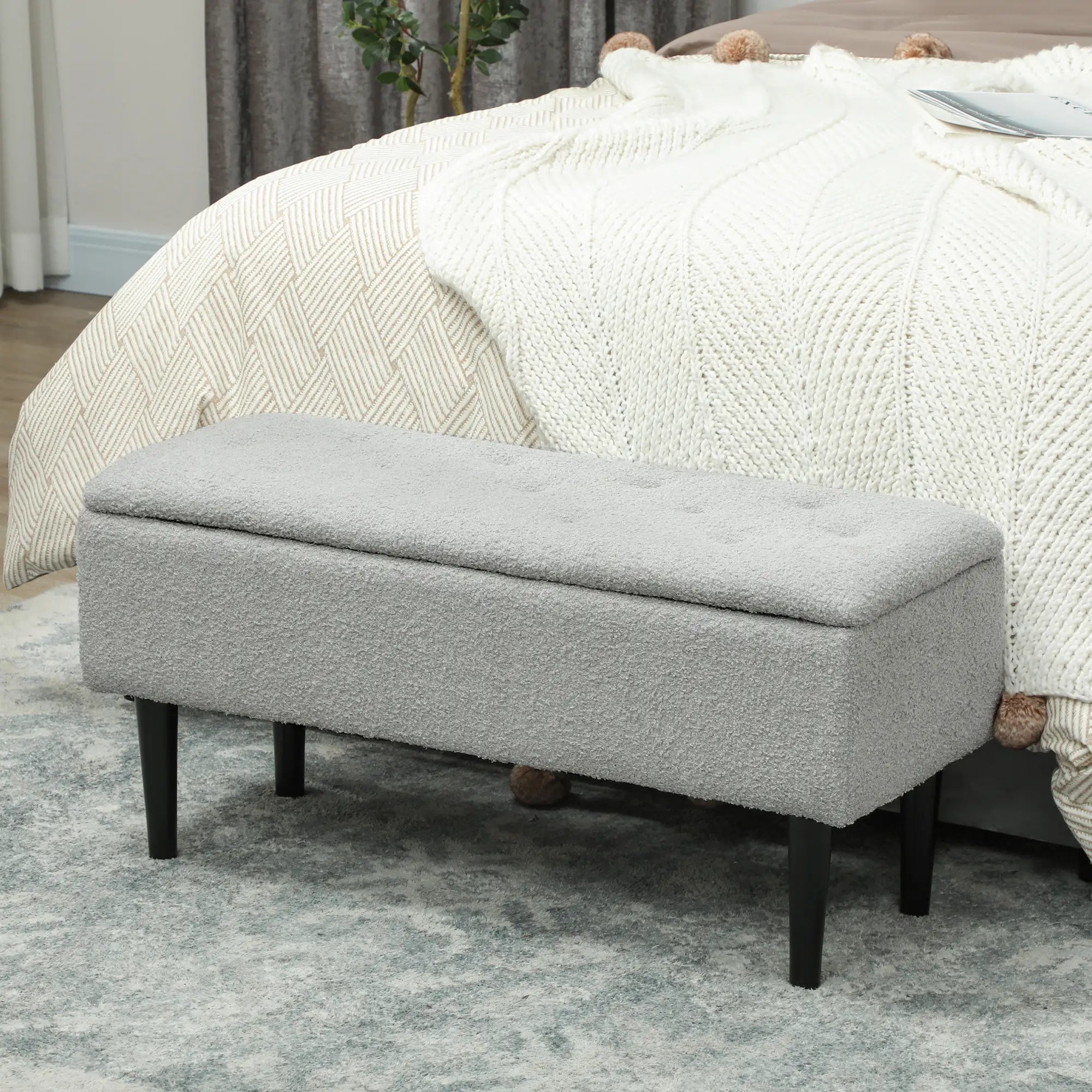 Modern Storage Bench, Ottoman with Lamb's Wool Upholstery, Grey Storage Ottomans & Benches at Gallery Canada