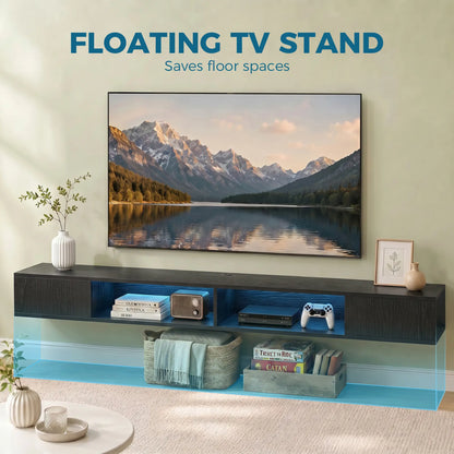 TV Stand with RGB LED Lights, Entertainment Center with Open Shelves for 75 Inch TV, Black Wood Grain TV Stands at Gallery Canada
