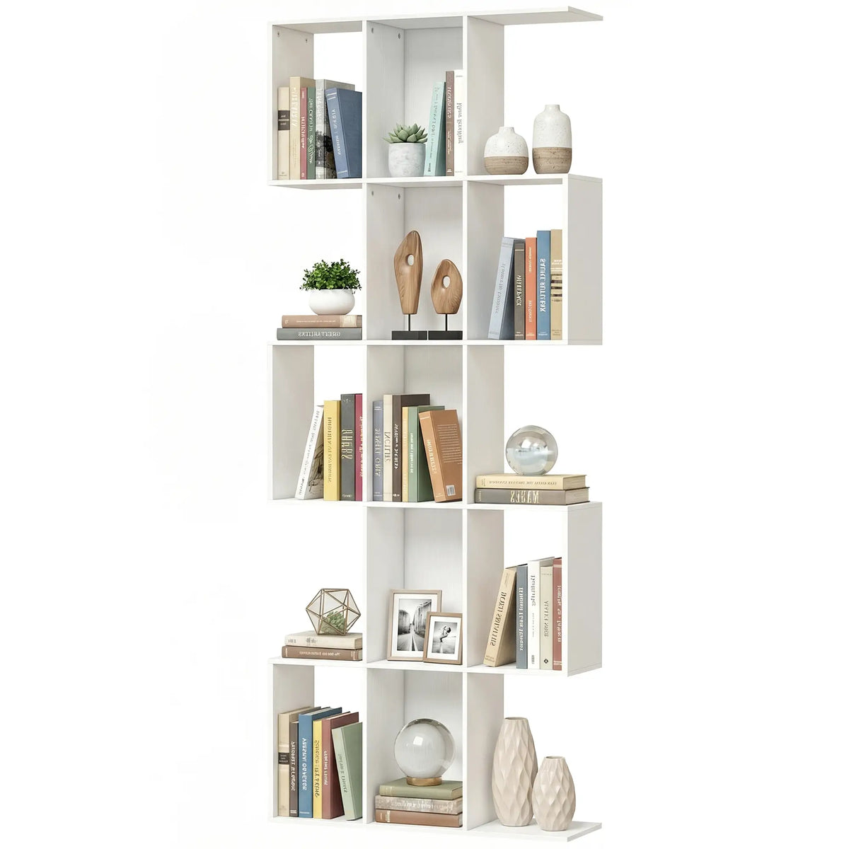 5-Tier Bookshelf, S Shaped Geometric Bookcase, White Wood Grain, White Display Bookshelves White Wood Grain at Gallery Canada