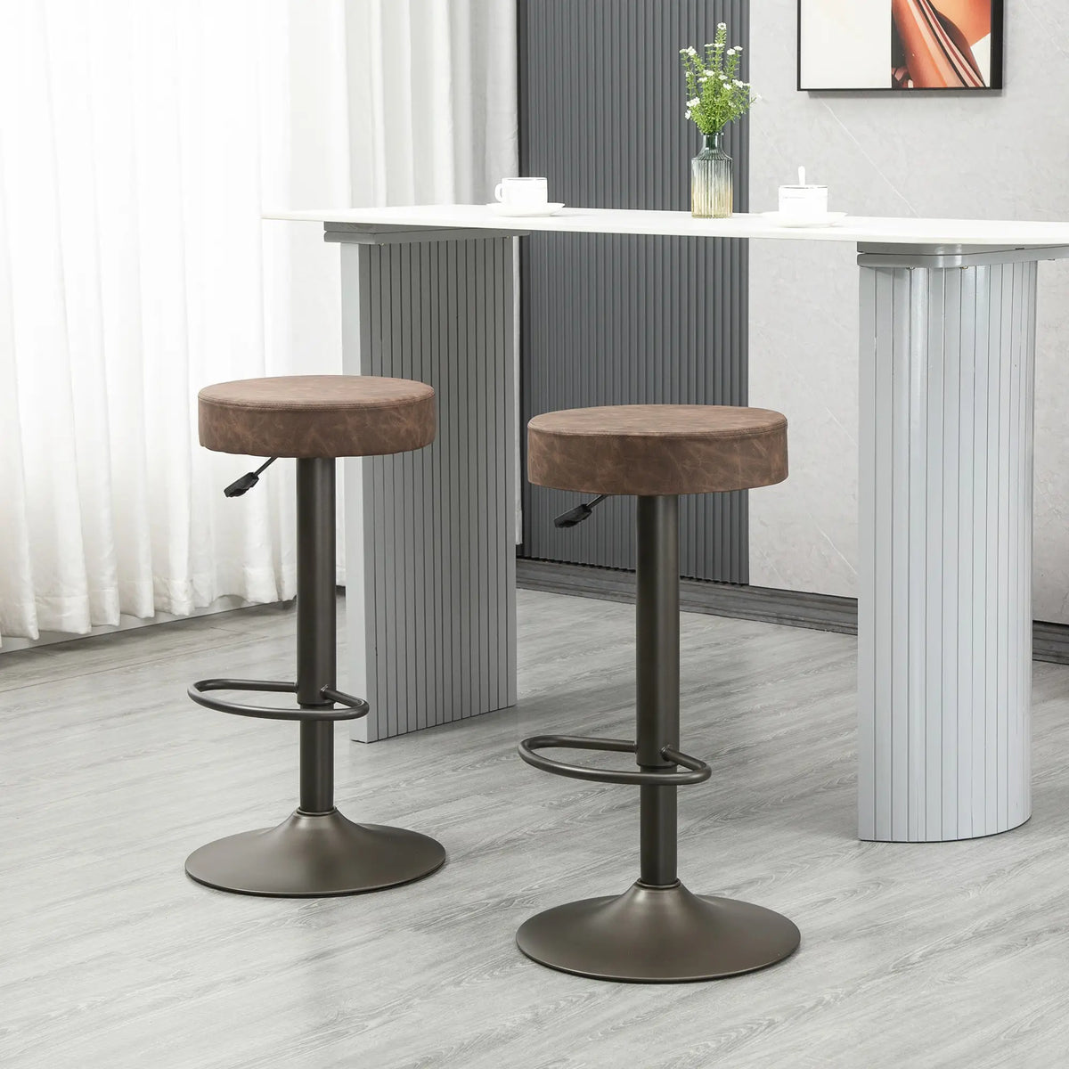 Adjustable Bar Stools Set of 2, Swivel with Footrest, PU Leather, Brown Bar Stools at Gallery Canada