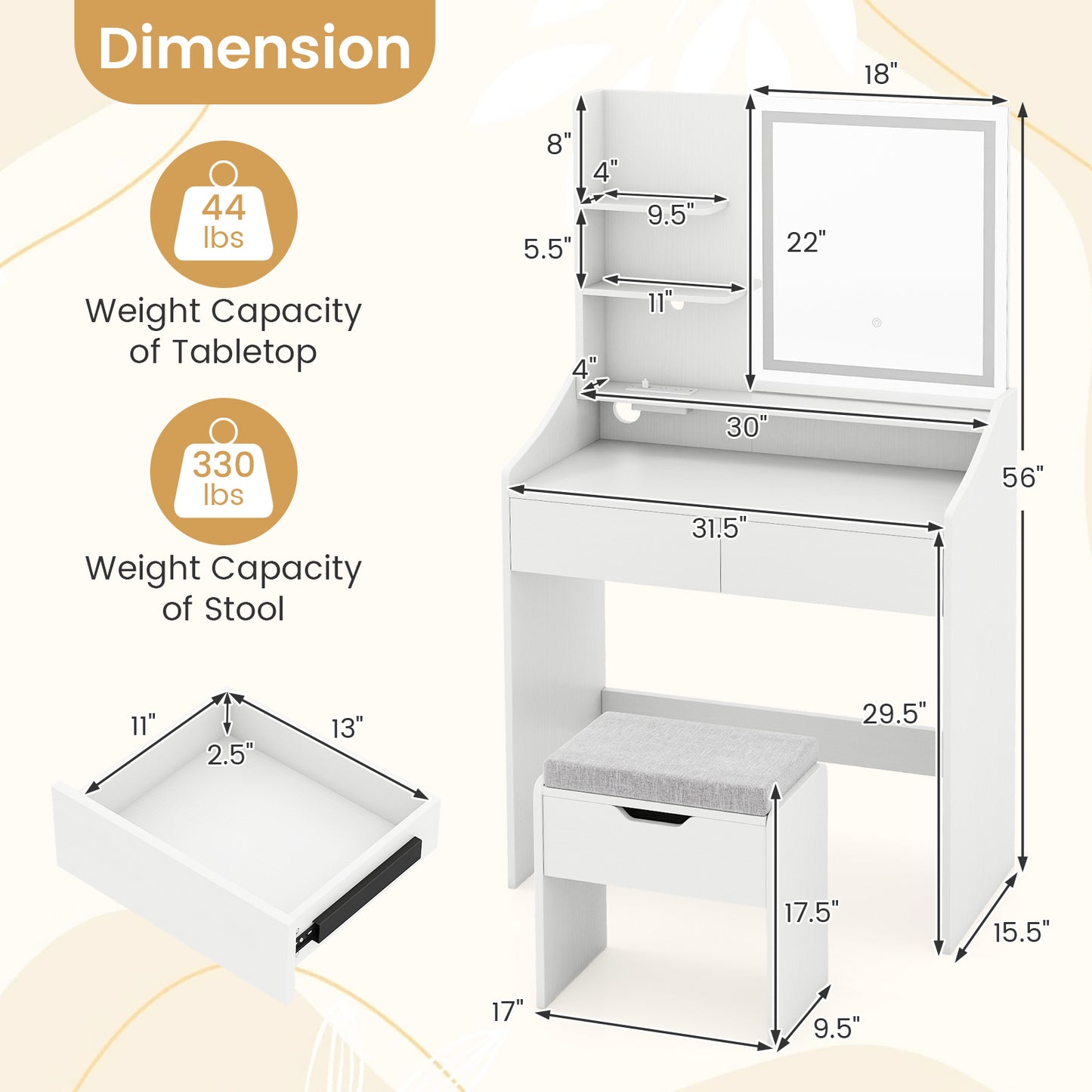 LED Lighted Makeup Vanity Desk, 3 Color Modes, White Makeup Vanities at Gallery Canada