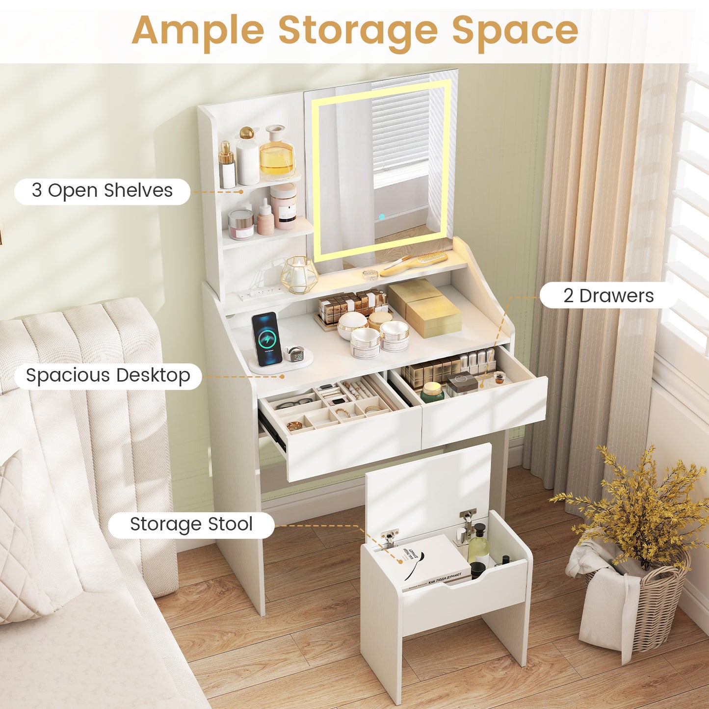 LED Lighted Makeup Vanity Desk, 3 Color Modes, White Makeup Vanities at Gallery Canada