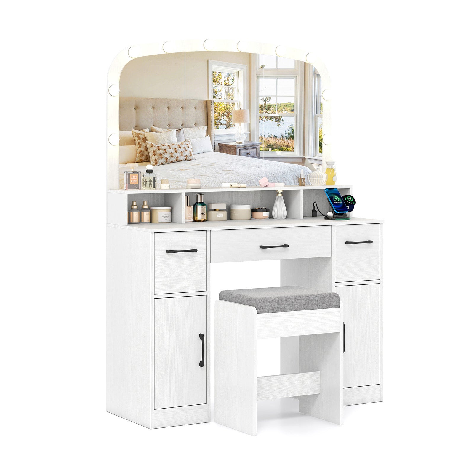 Makeup Vanity Desk With Stool, 3-Color Lights, Charging Station, White Makeup Vanities at Gallery Canada