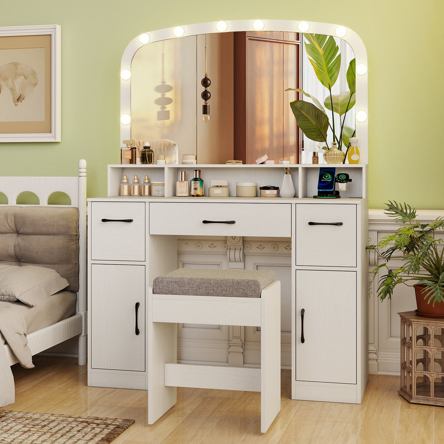 Makeup Vanity Desk With Stool, 3-Color Lights, Charging Station, White Makeup Vanities at Gallery Canada
