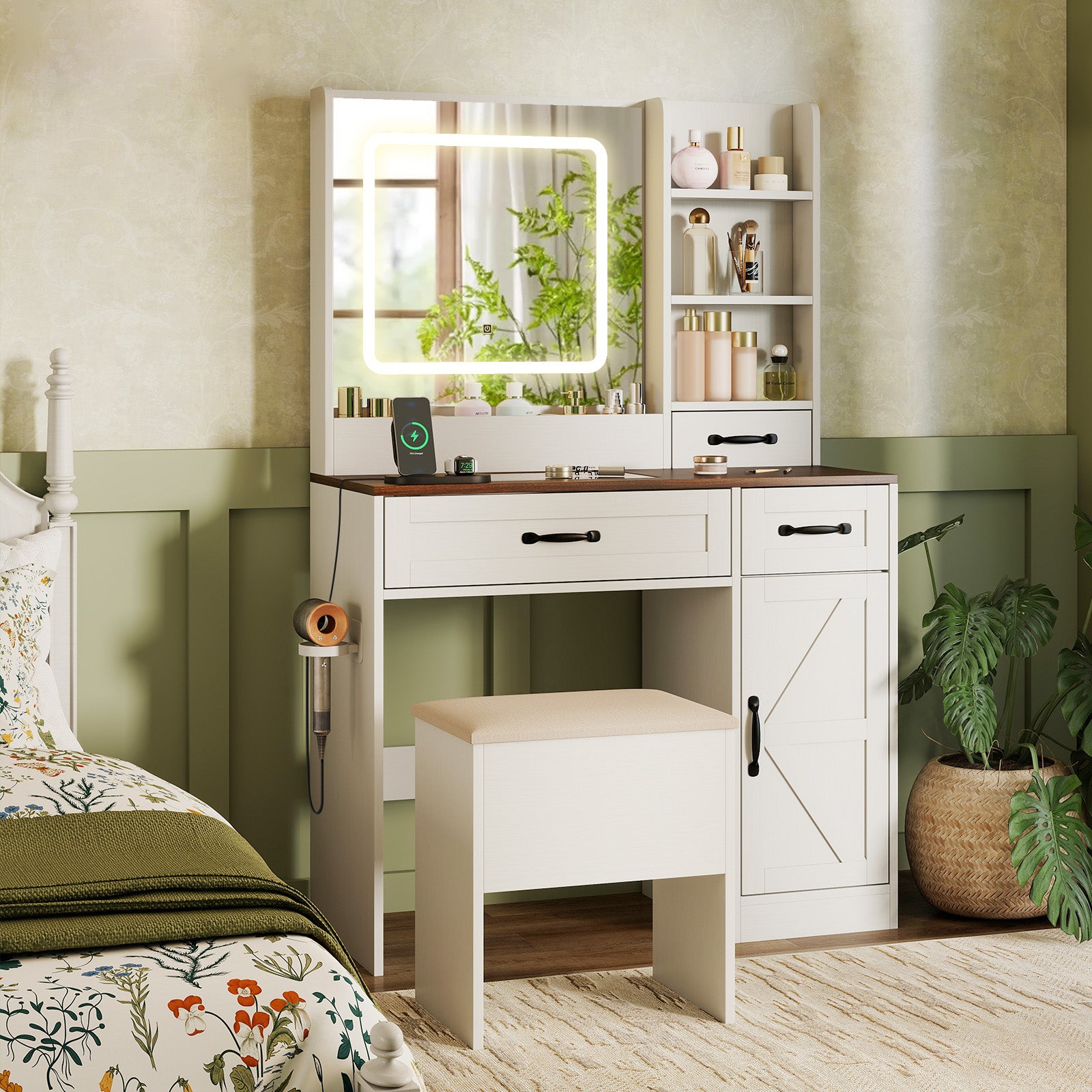 Farmhouse Vanity Desk With Mirror And Lights, White Makeup Vanities at Gallery Canada