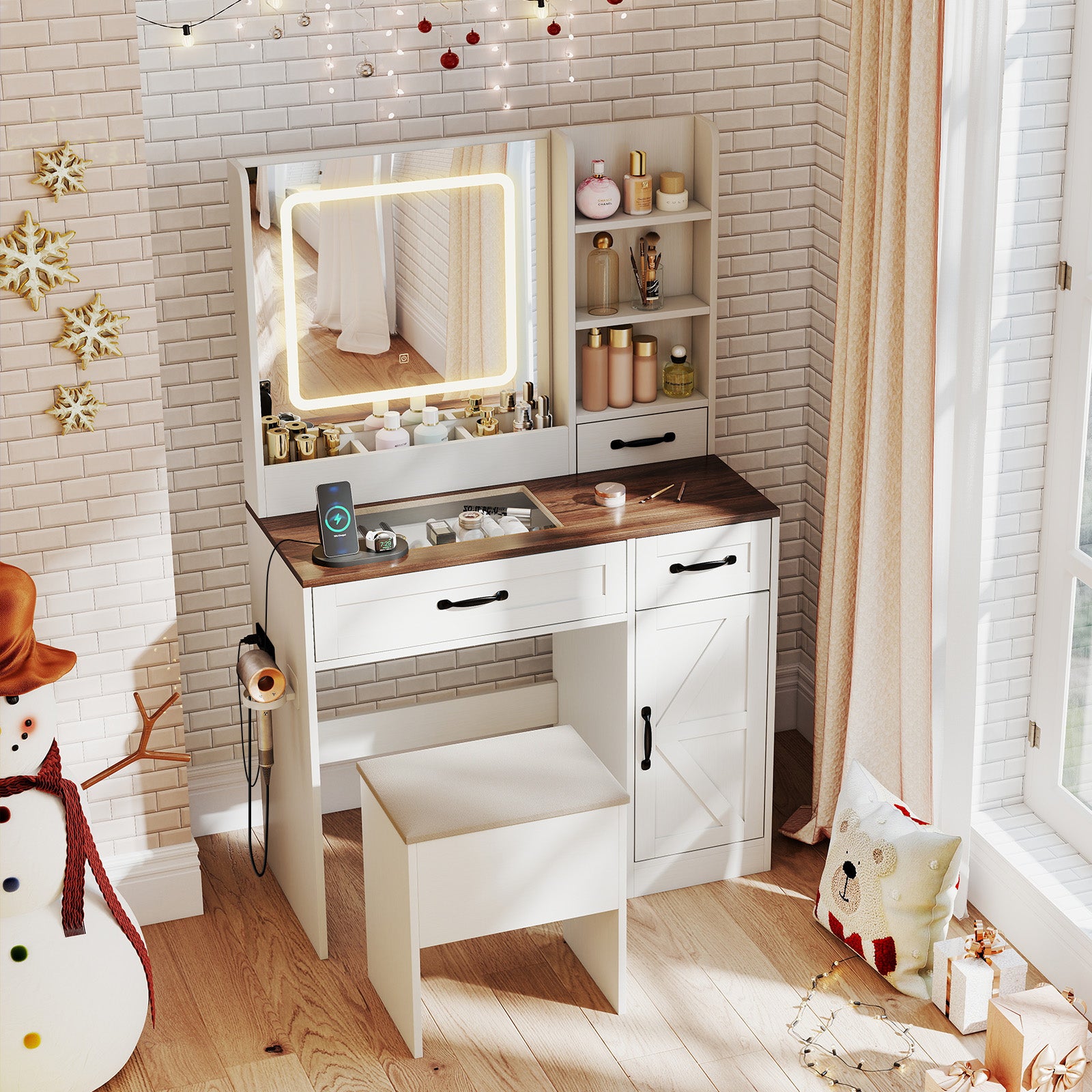 Farmhouse Vanity Desk With Mirror And Lights, White Makeup Vanities at Gallery Canada