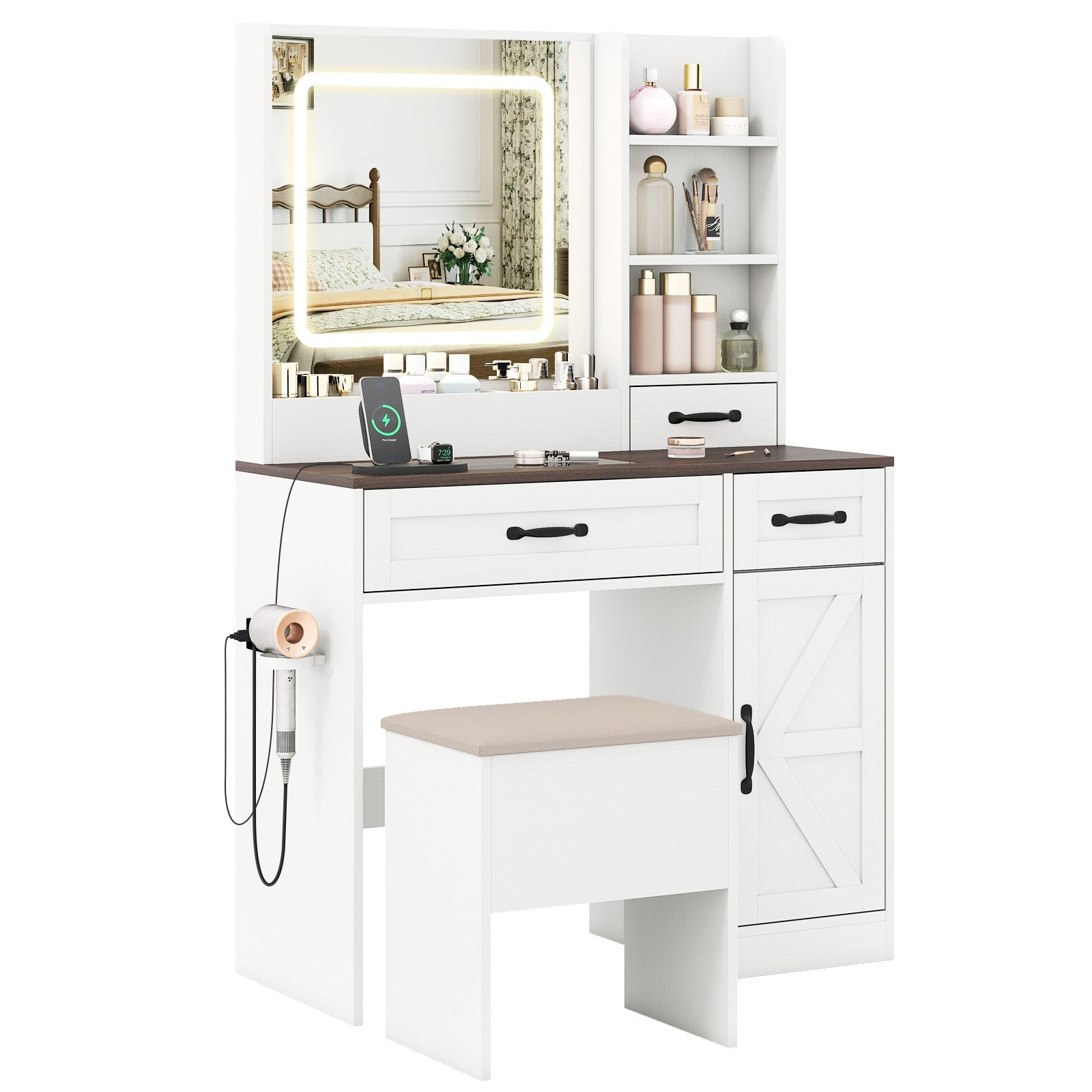 Farmhouse Vanity Desk With Mirror And Lights, White Makeup Vanities at Gallery Canada
