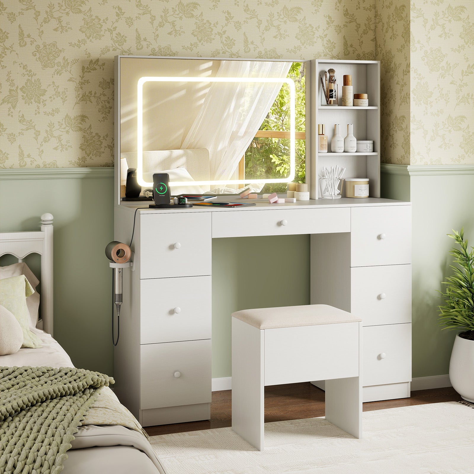 Vanity Desk With Mirror, Lights, Stool Set, White Makeup Vanities at Gallery Canada