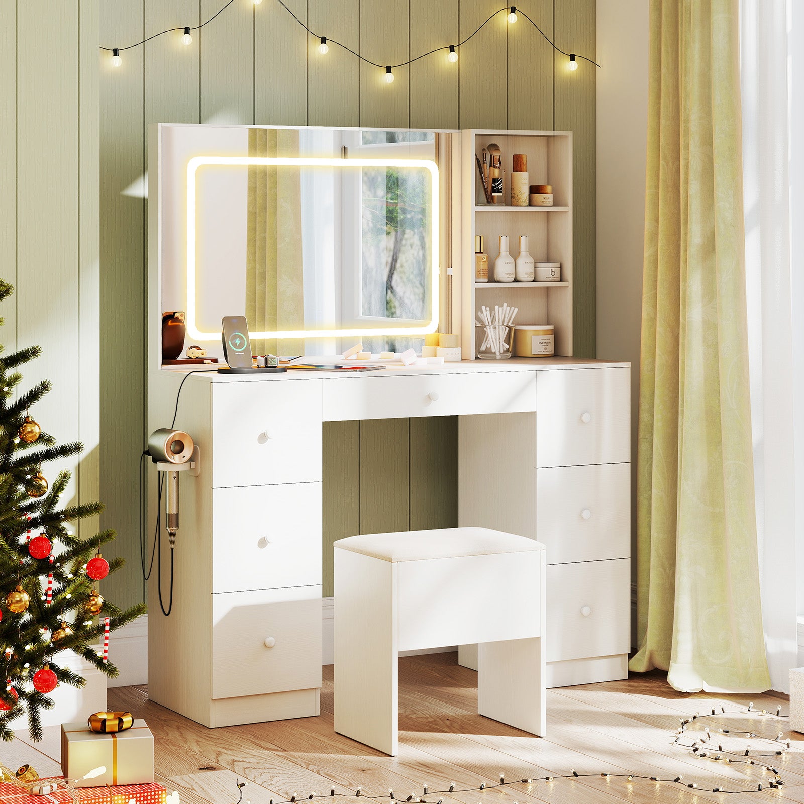 Vanity Desk With Mirror, Lights, Stool Set, White Makeup Vanities at Gallery Canada
