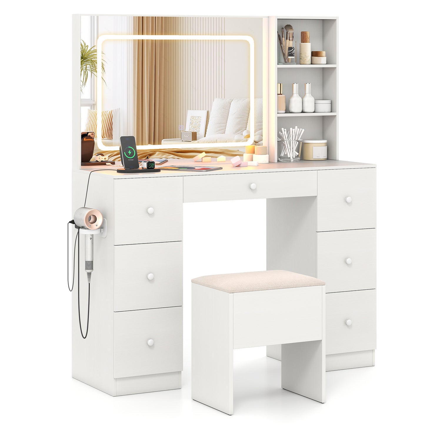 Vanity Desk With Mirror, Lights, Stool Set, White Makeup Vanities White at Gallery Canada