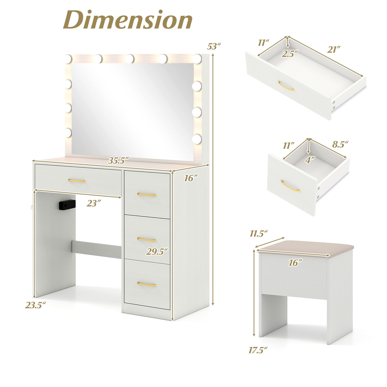 Vanity Desk With Mirror, Lights, Power Outlets, White Makeup Vanities at Gallery Canada
