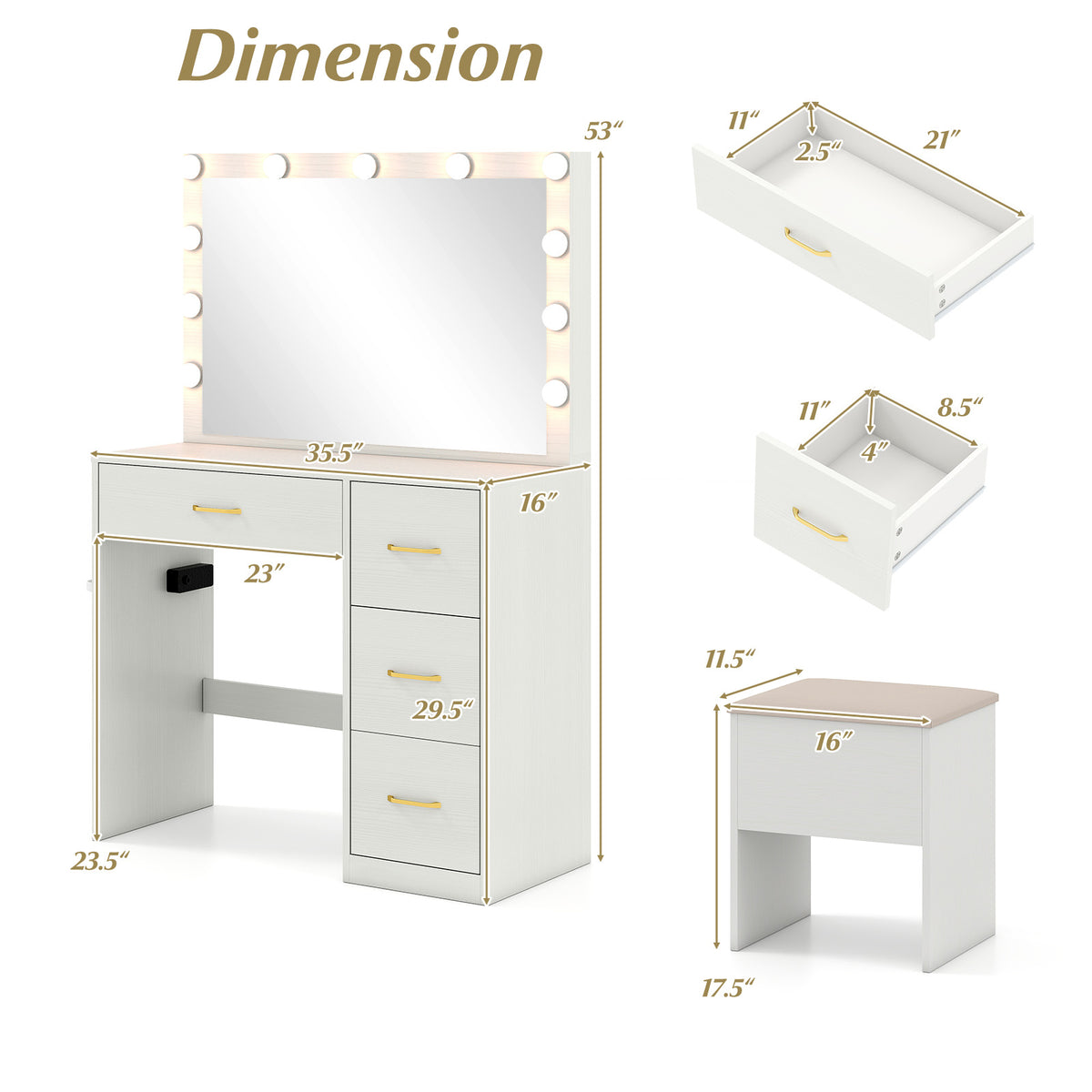 Vanity Desk With Mirror, Lights, Power Outlets, White Makeup Vanities at Gallery Canada