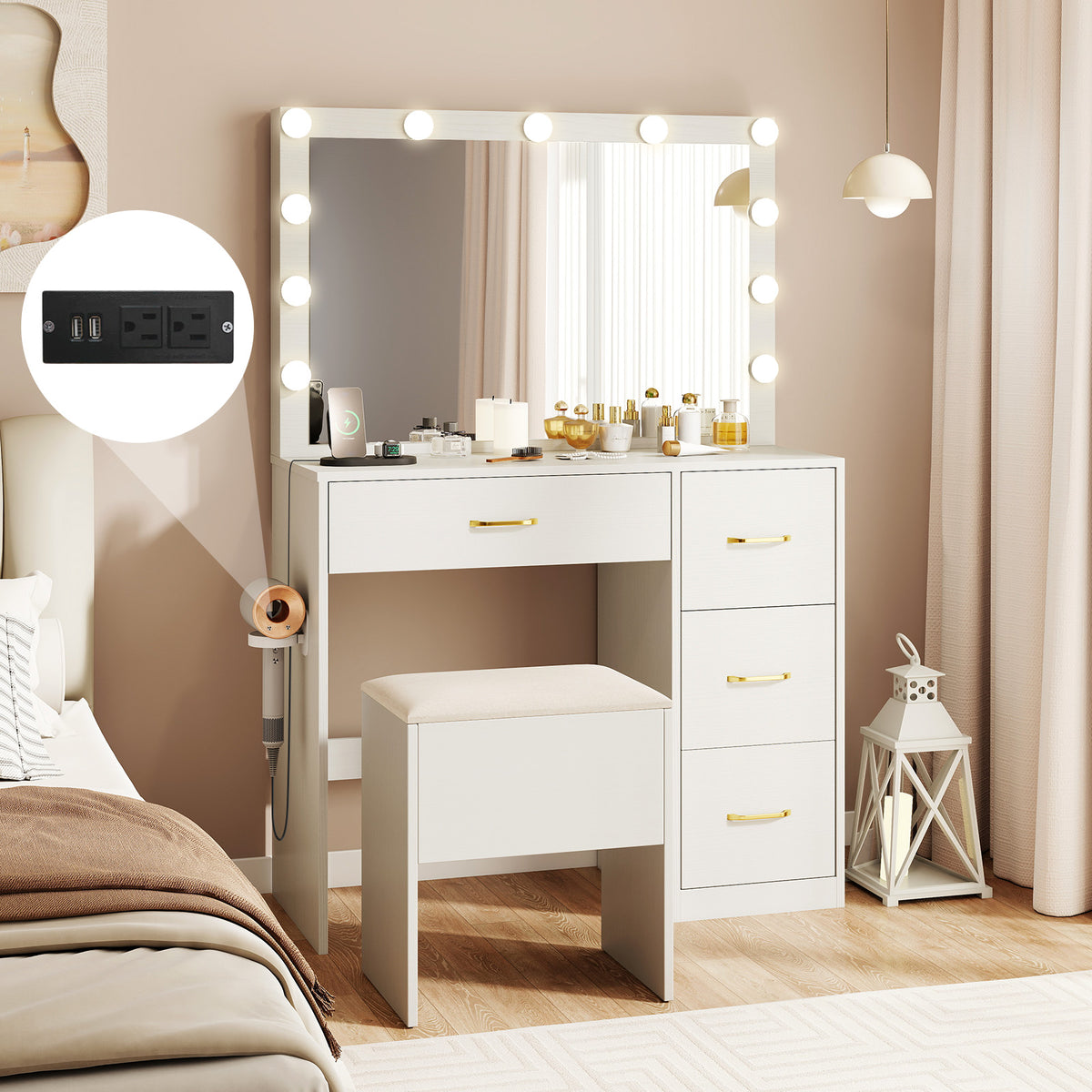 Vanity Desk With Mirror, Lights, Power Outlets, White Makeup Vanities at Gallery Canada
