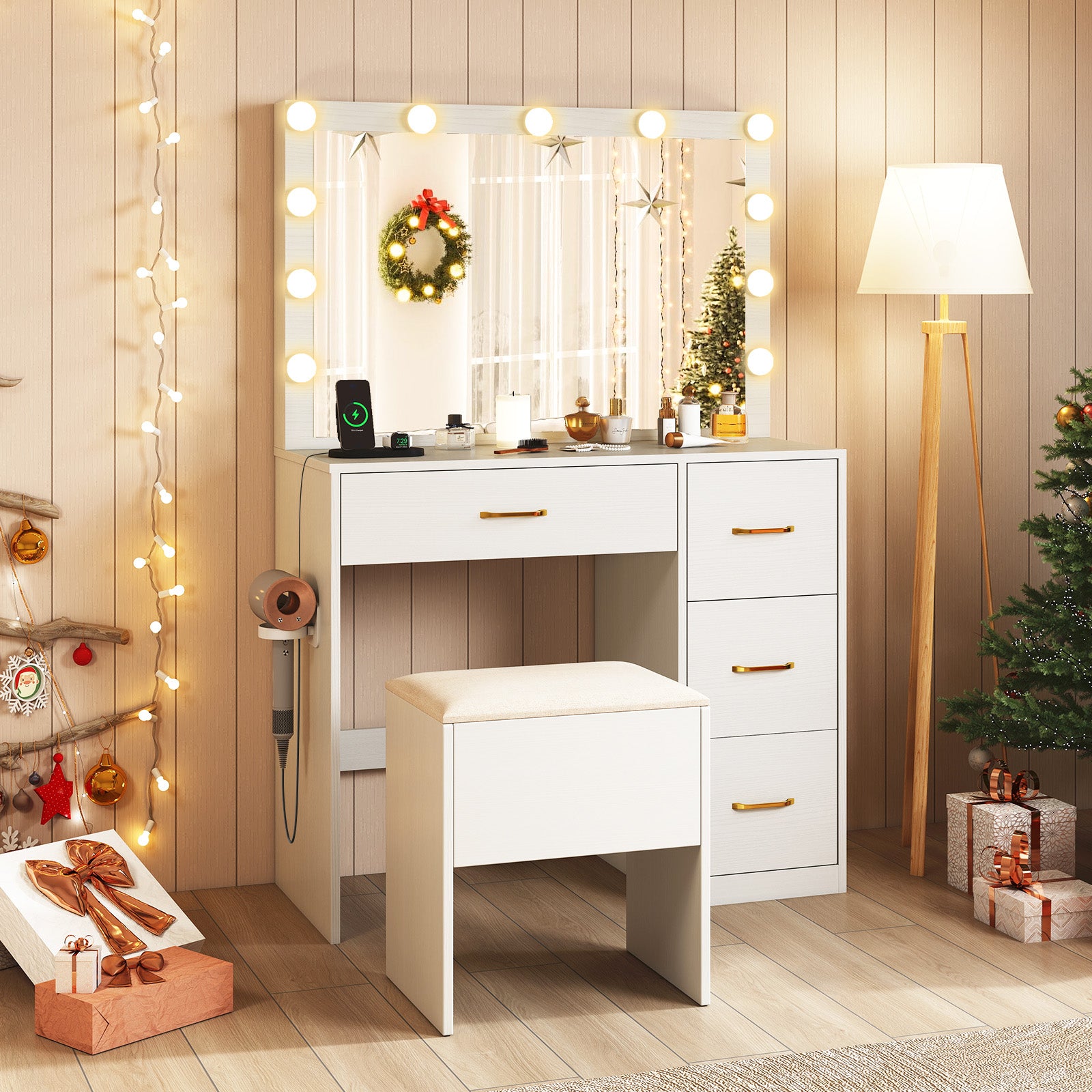 Vanity Desk With Mirror, Lights, Power Outlets, White Makeup Vanities at Gallery Canada