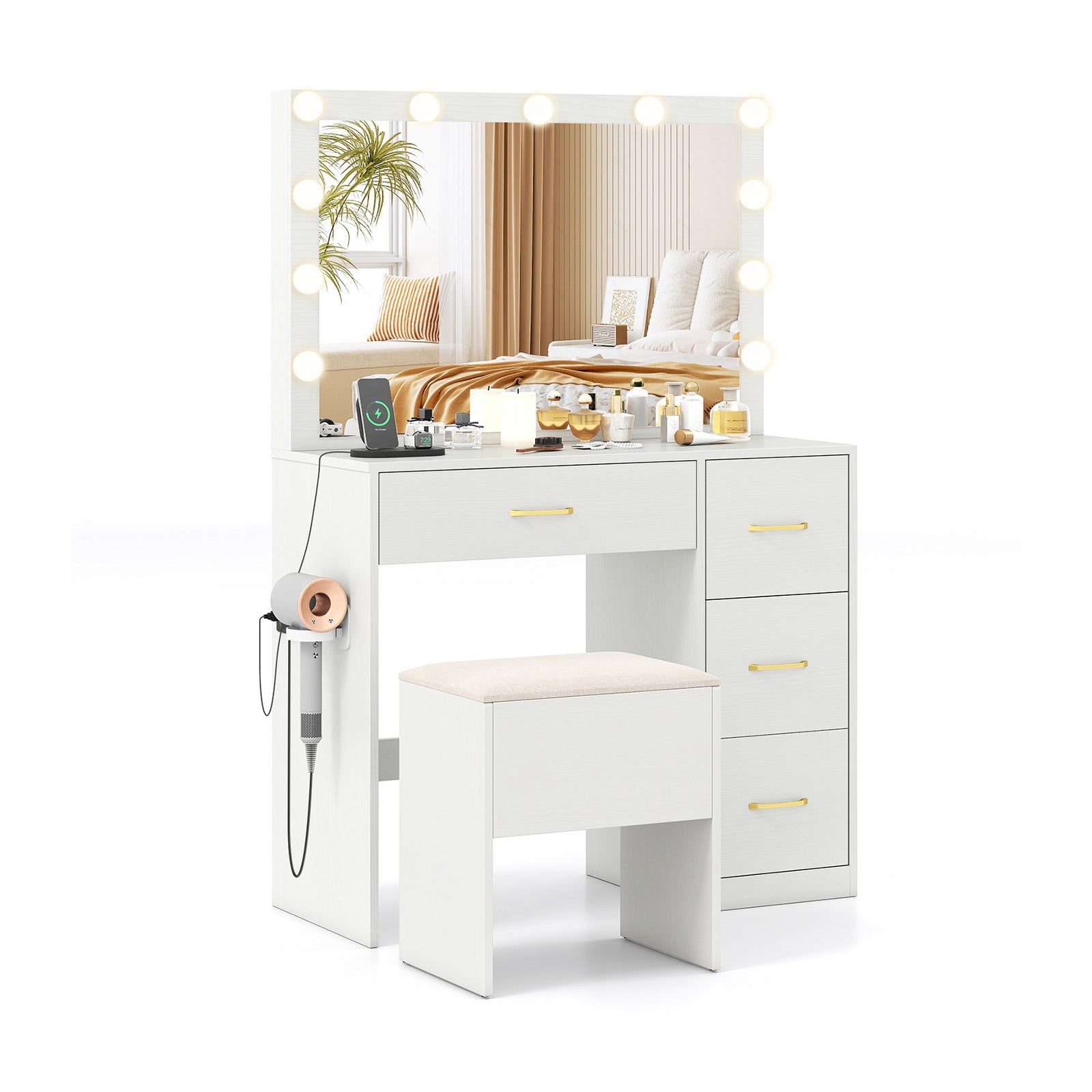 Vanity Desk With Mirror, Lights, Power Outlets, White Makeup Vanities at Gallery Canada