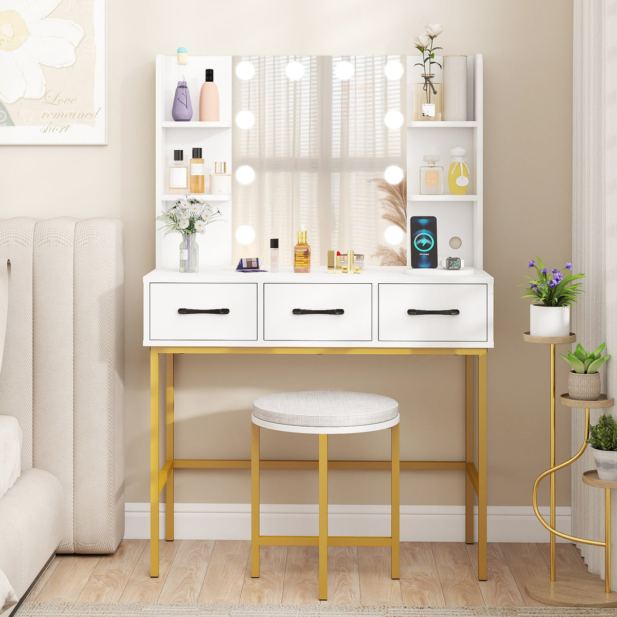 Vanity Desk with Mirror and Lights Makeup Dressing Table and Cushioned Stool Set, White Makeup Vanities at Gallery Canada