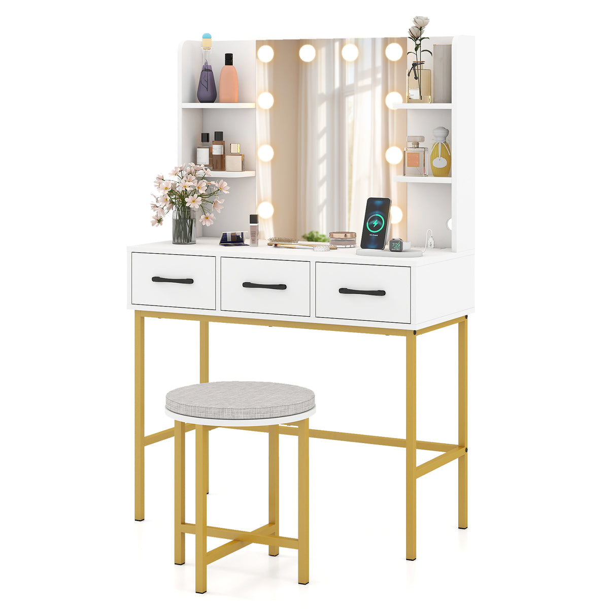 Vanity Desk with Mirror and Lights Makeup Dressing Table and Cushioned Stool Set, White Makeup Vanities at Gallery Canada
