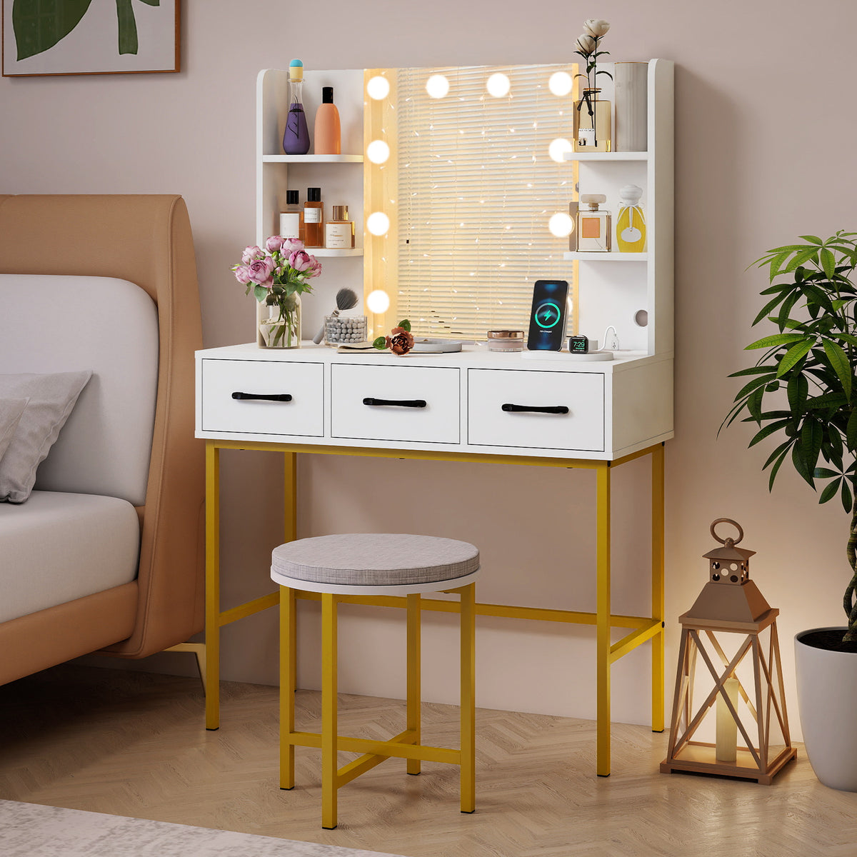 Vanity Desk with Mirror and Lights Makeup Dressing Table and Cushioned Stool Set, White Makeup Vanities at Gallery Canada