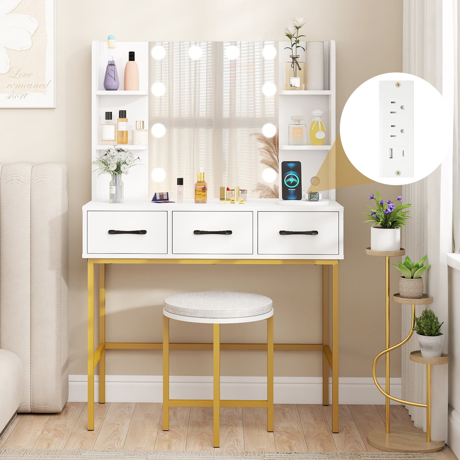 Vanity Desk with Mirror and Lights Makeup Dressing Table and Cushioned Stool Set, White Makeup Vanities at Gallery Canada