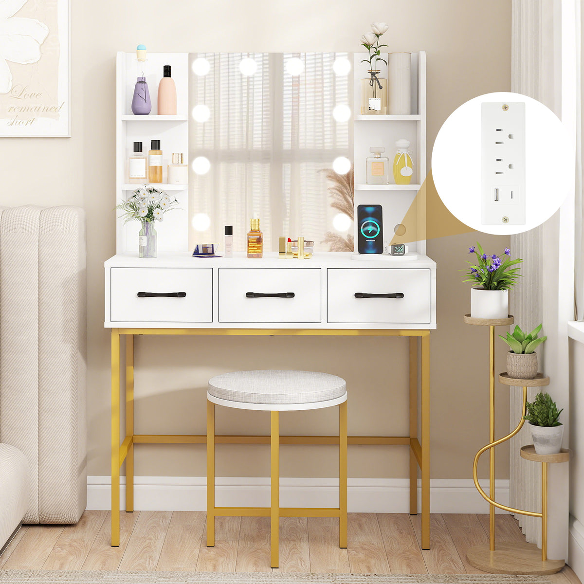 Vanity Desk with Mirror and Lights Makeup Dressing Table and Cushioned Stool Set, White Makeup Vanities at Gallery Canada