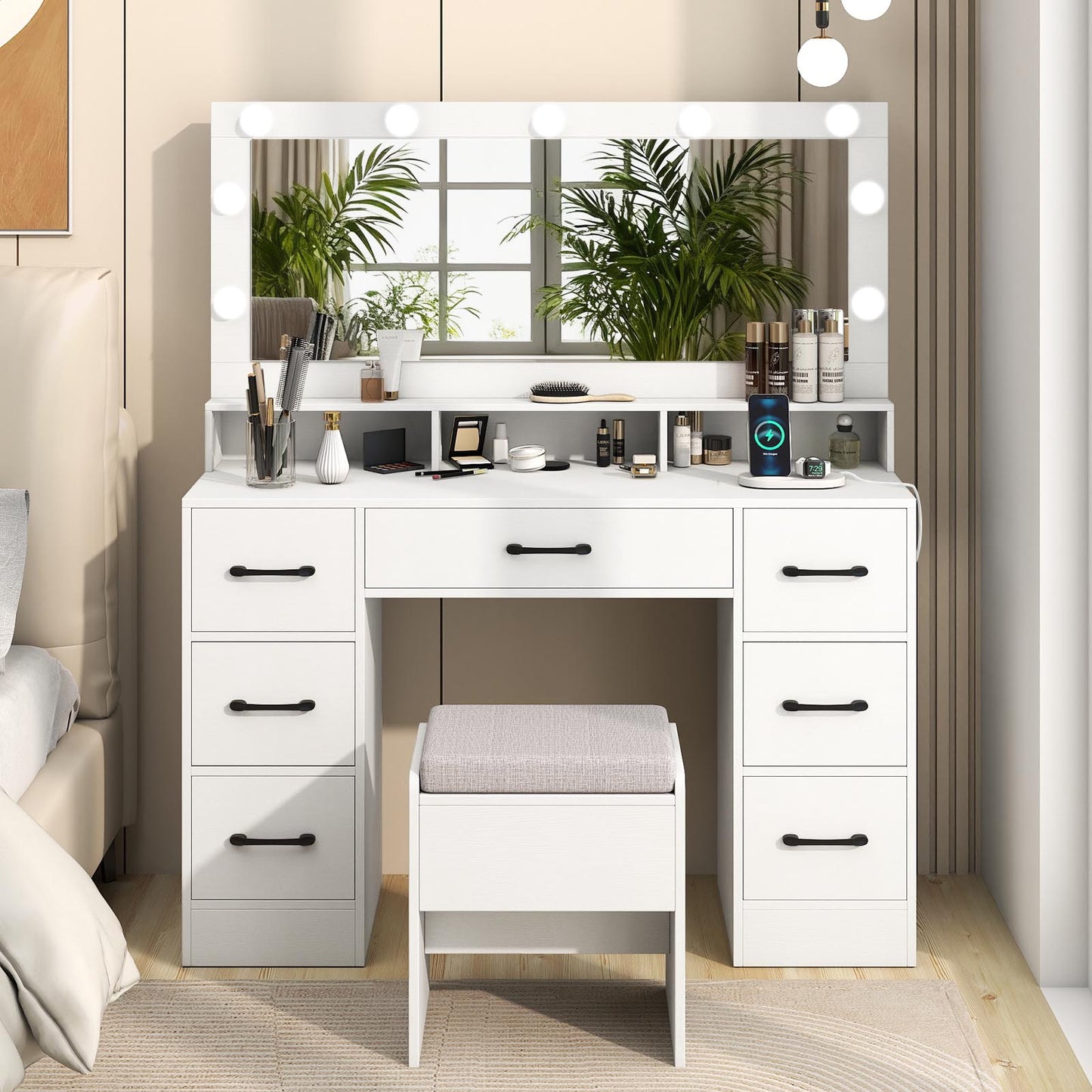 Vanity Desk with Mirror and Lights Makeup Table with Power Outlets, White Makeup Vanities at Gallery Canada