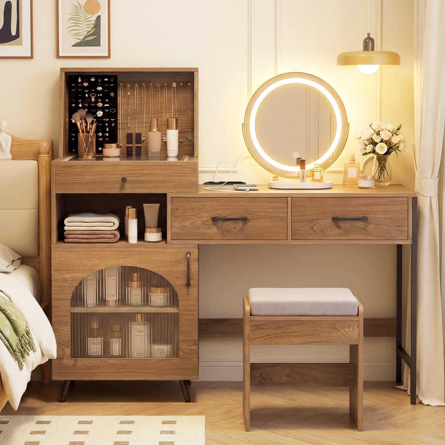 Vanity Desk With Mirror And Lights With Ring Slots, Natural White Makeup Vanities at Gallery Canada