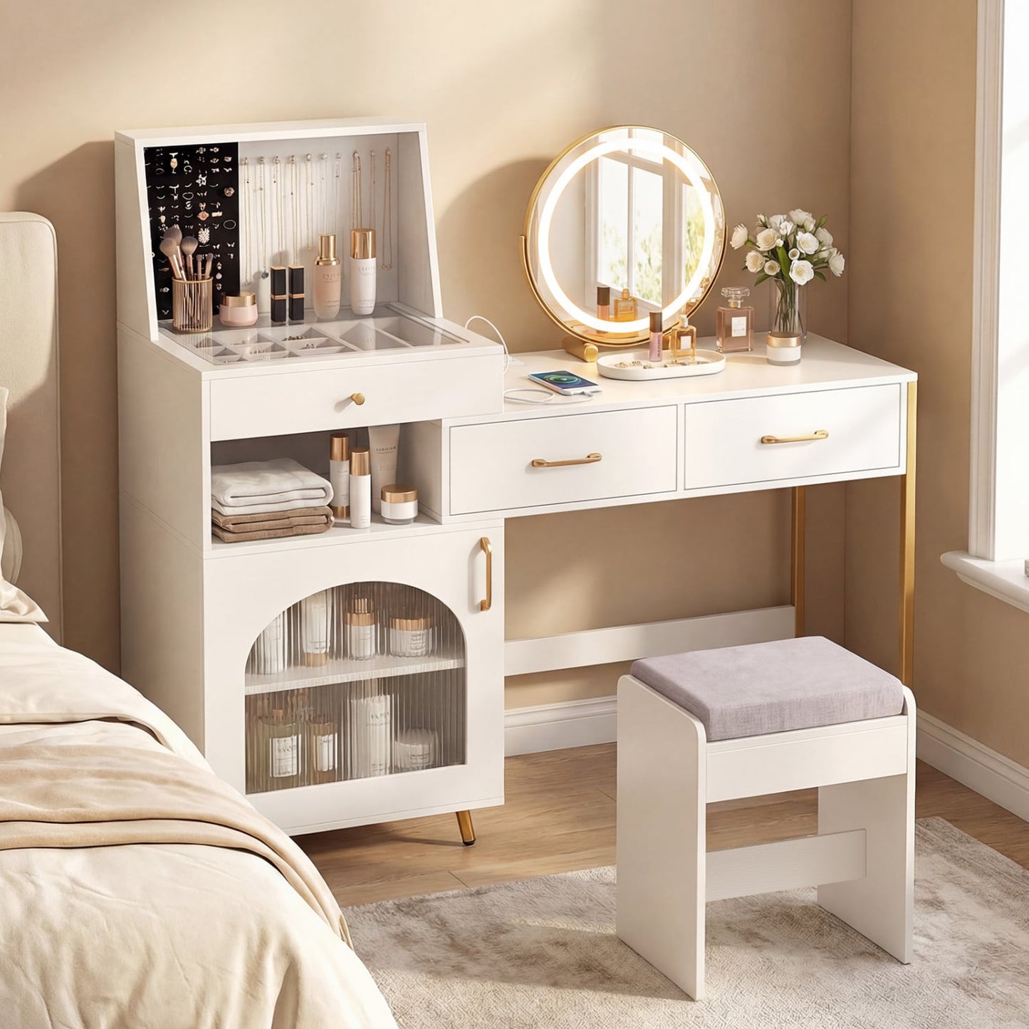 Coiffeuse avec lumières, miroir, emplacements pour bagues et crochets, blanc