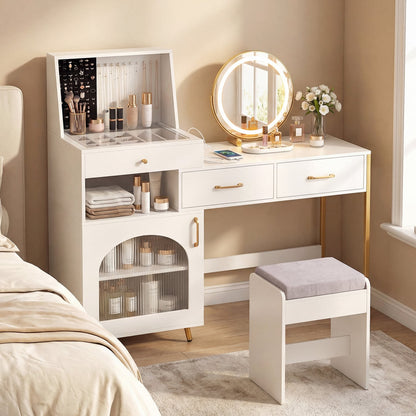 Coiffeuse avec lumières, miroir, emplacements pour bagues et crochets, blanc