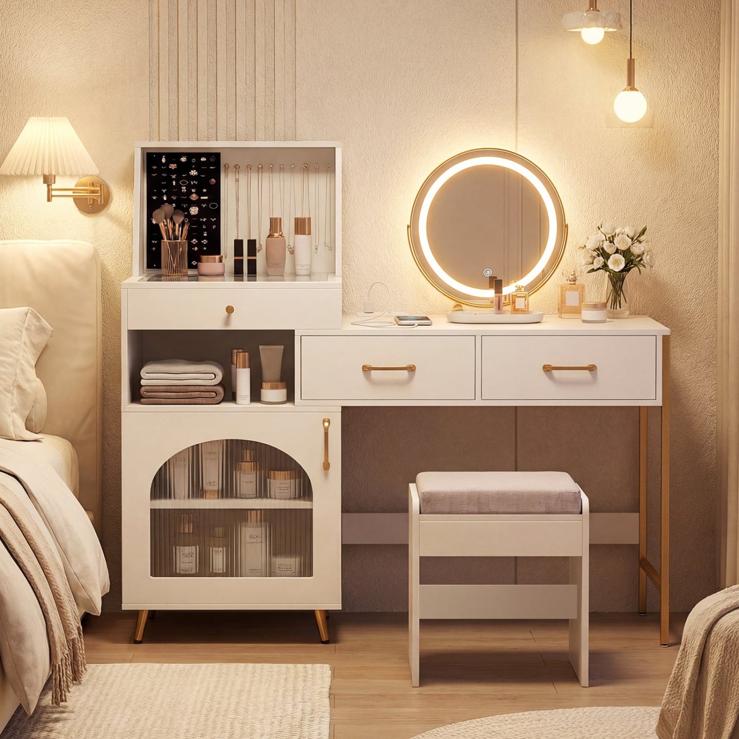 Coiffeuse avec lumières, miroir, emplacements pour bagues et crochets, blanc