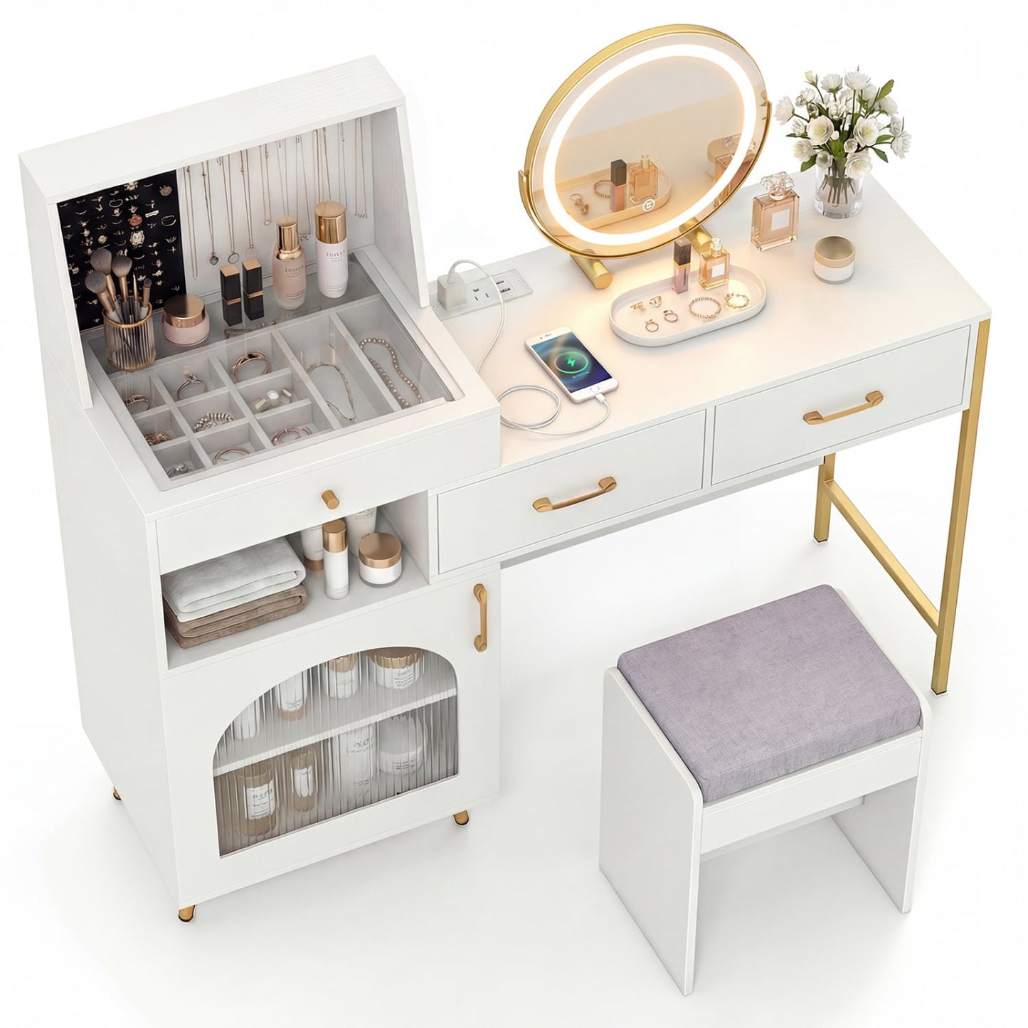 Coiffeuse avec lumières, miroir, emplacements pour bagues et crochets, blanc