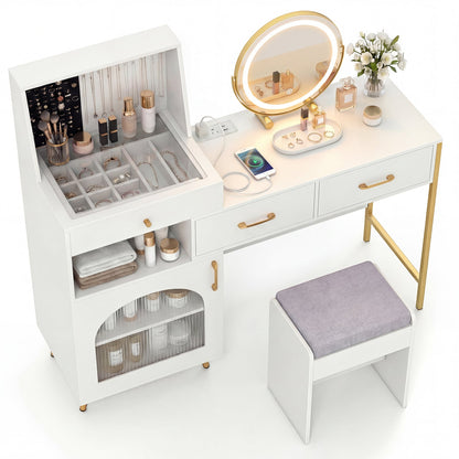 Coiffeuse avec lumières, miroir, emplacements pour bagues et crochets, blanc