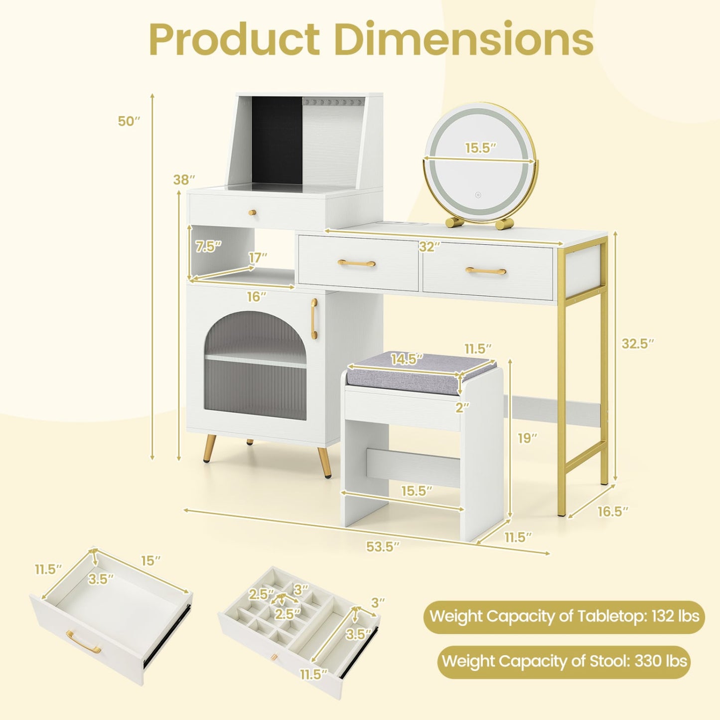 Coiffeuse avec lumières, miroir, emplacements pour bagues et crochets, blanc