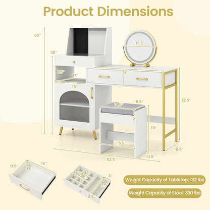 Coiffeuse avec lumières, miroir, emplacements pour bagues et crochets, blanc