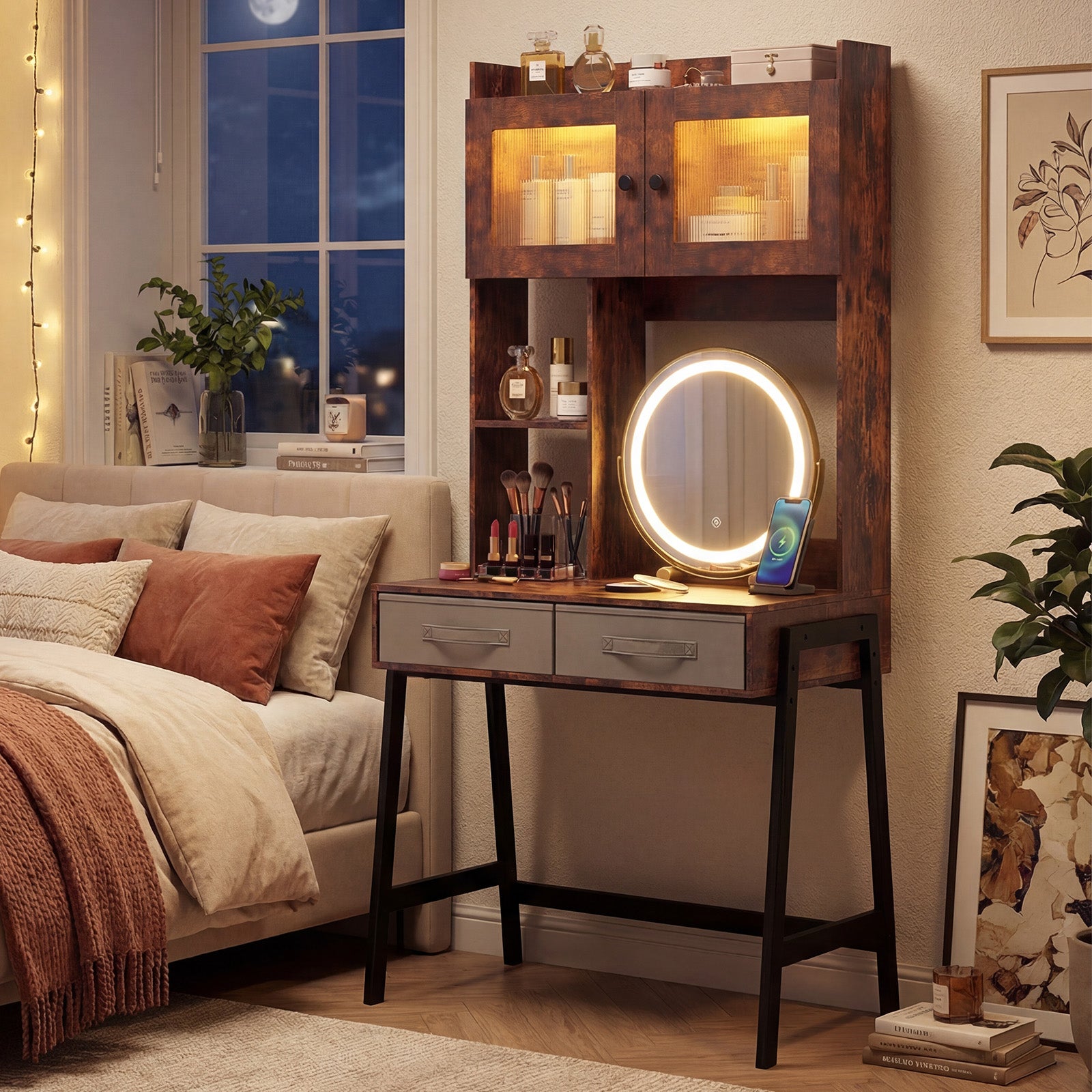 Vanity Desk with Rotatable Mirror and Lights Modern Dressing Table with 3 Light Colors, Brown Makeup Vanities at Gallery Canada
