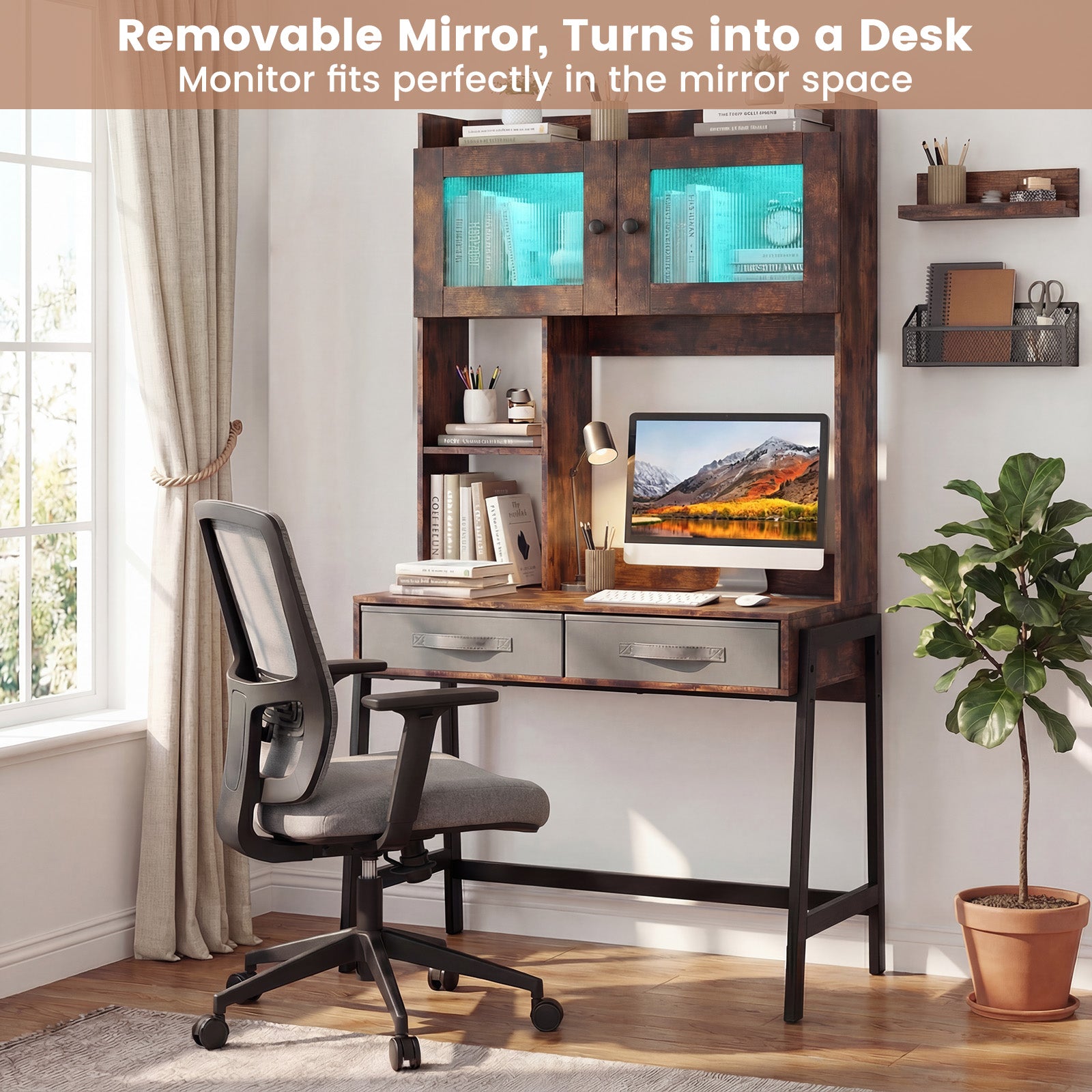 Vanity Desk with Rotatable Mirror and Lights Modern Dressing Table with 3 Light Colors, Brown Makeup Vanities at Gallery Canada