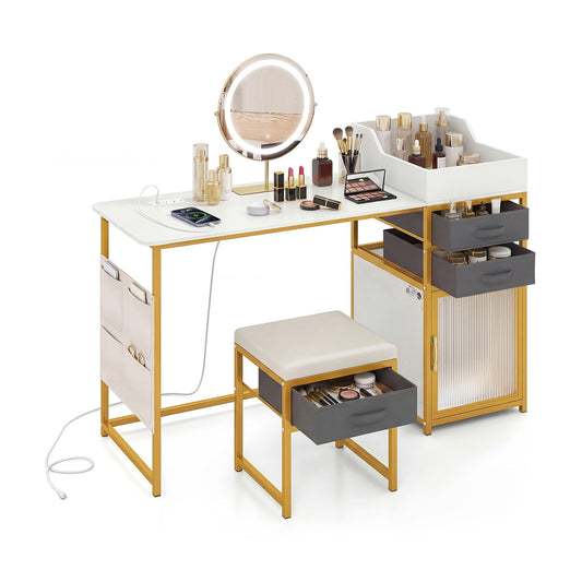 Vanity Desk with Rotatable Lighted Mirror 55 Inch Makeup Vanity Table, White Makeup Vanities White at Gallery Canada