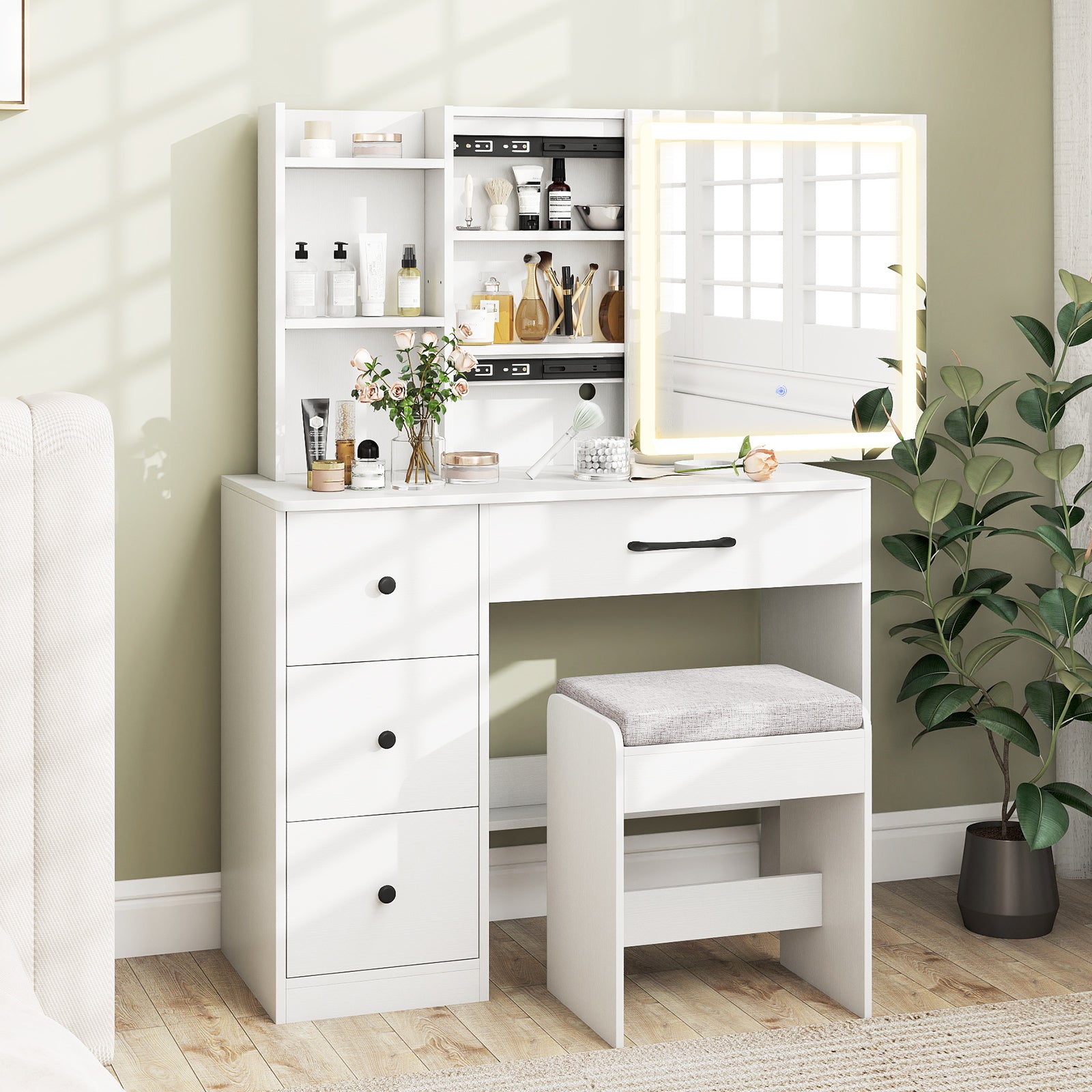 Vanity Desk with Sliding Mirror and Lights Makeup Table and Chair Set with 4 Drawers, White Makeup Vanities at Gallery Canada
