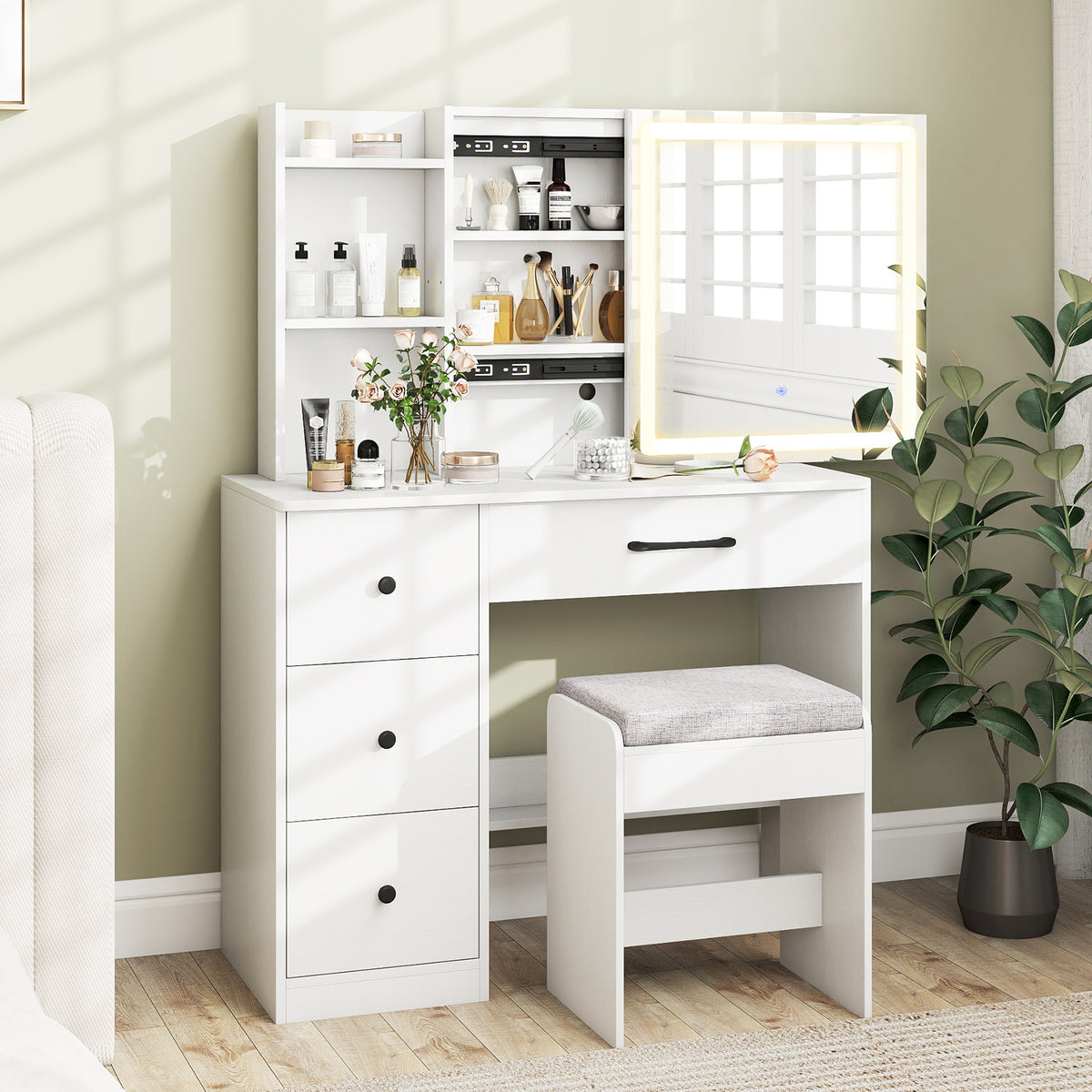Vanity Desk with Sliding Mirror and Lights Makeup Table and Chair Set with 4 Drawers, White Makeup Vanities at Gallery Canada