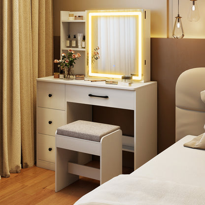 Vanity Desk with Sliding Mirror and Lights Makeup Table and Chair Set with 4 Drawers, White Makeup Vanities at Gallery Canada