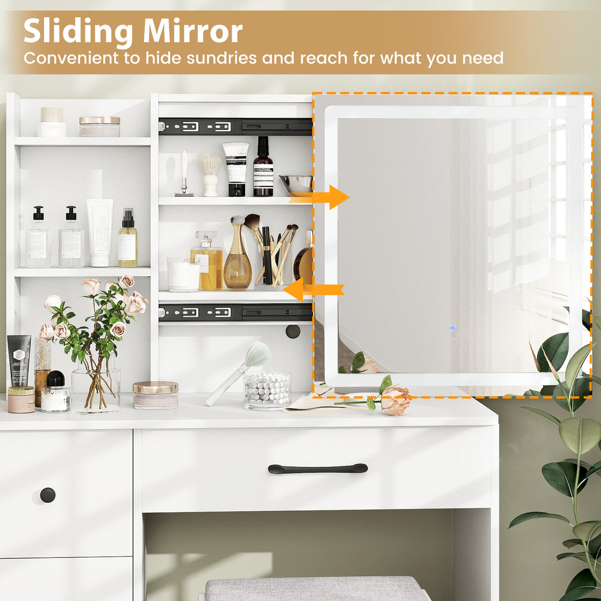 Vanity Desk with Sliding Mirror and Lights Makeup Table and Chair Set with 4 Drawers, White Makeup Vanities at Gallery Canada