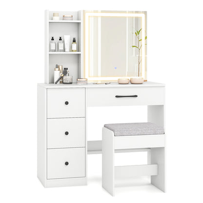 Vanity Desk with Sliding Mirror and Lights Makeup Table and Chair Set with 4 Drawers, White Makeup Vanities White at Gallery Canada