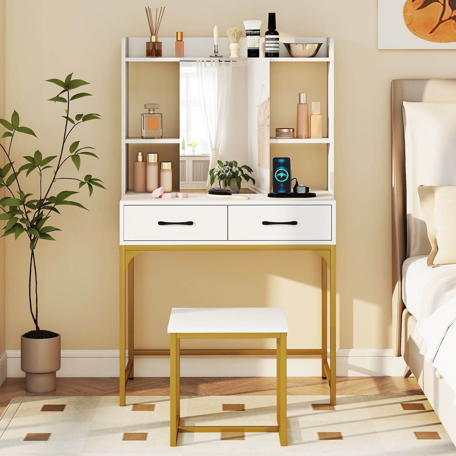 Vanity Desk With Storage Drawers, Charging Station, White Makeup Vanities at Gallery Canada