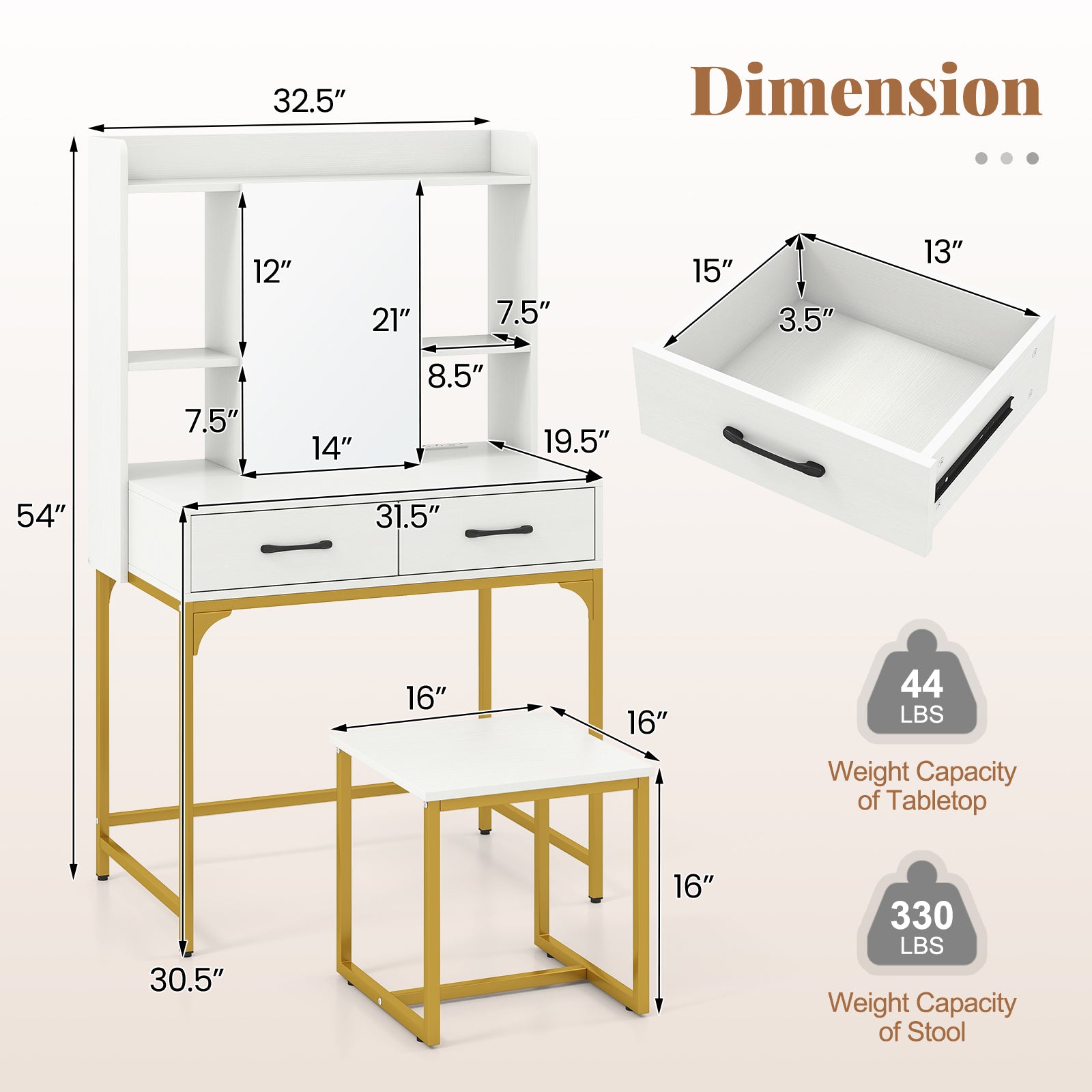 Vanity Desk With Storage Drawers, Charging Station, White Makeup Vanities at Gallery Canada