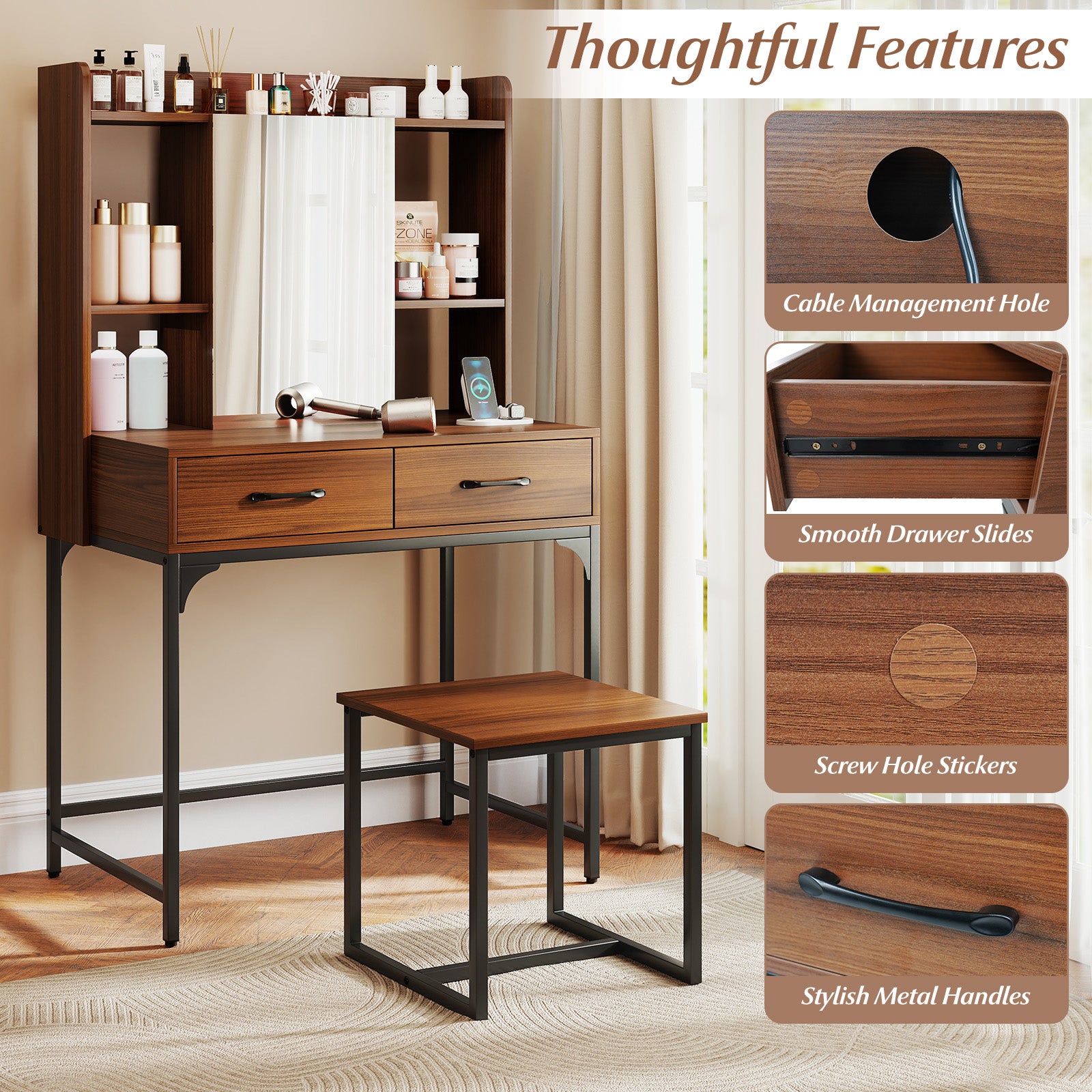 Vanity Desk With Storage Drawers, Charging Station, Walnut Makeup Vanities at Gallery Canada