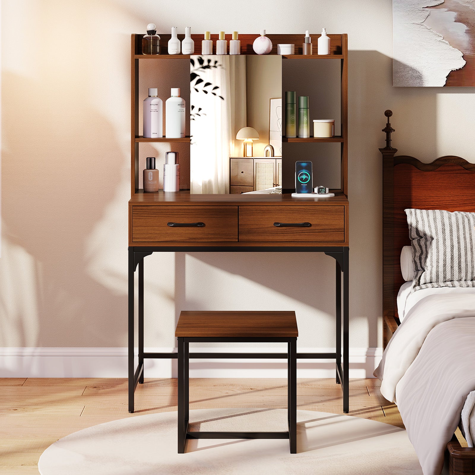 Vanity Desk With Storage Drawers, Charging Station, Walnut Makeup Vanities at Gallery Canada
