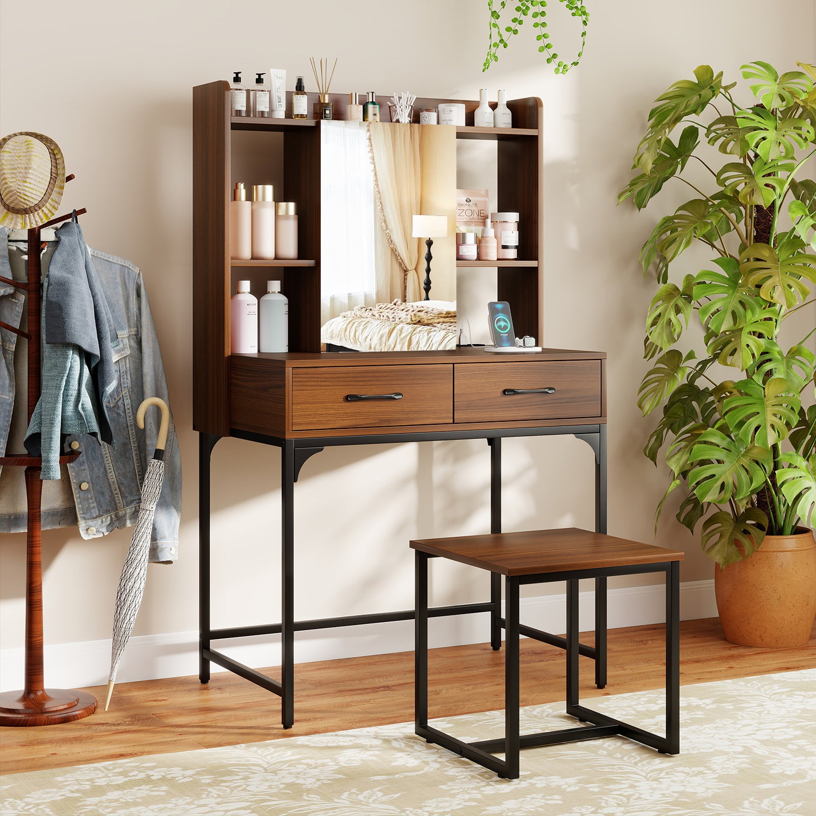 Vanity Desk With Storage Drawers, Charging Station, Walnut Makeup Vanities at Gallery Canada