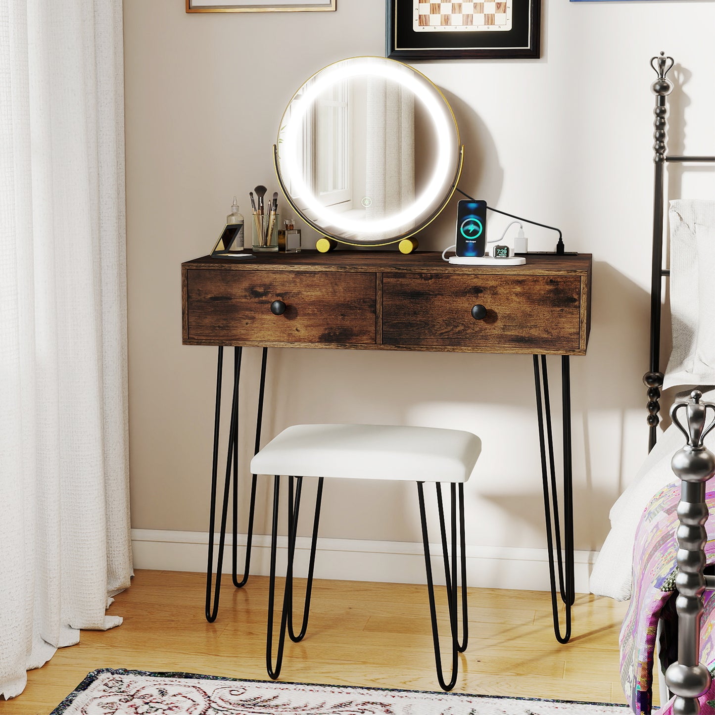 Vanity Desk with with Lighted Adjustable Mirror for Bedroom, Rustic Brown Makeup Vanities at Gallery Canada